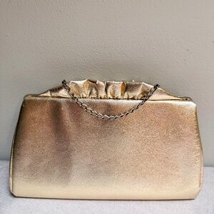 Vintage Gold Lame Ruffle Top Purse Handbag With Satin Lining